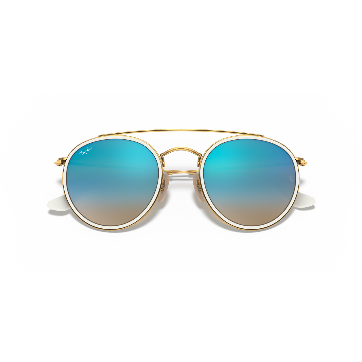 Ray-Ban Round Double Bridge akiniai | Polished Arista Gold - Blue Flash