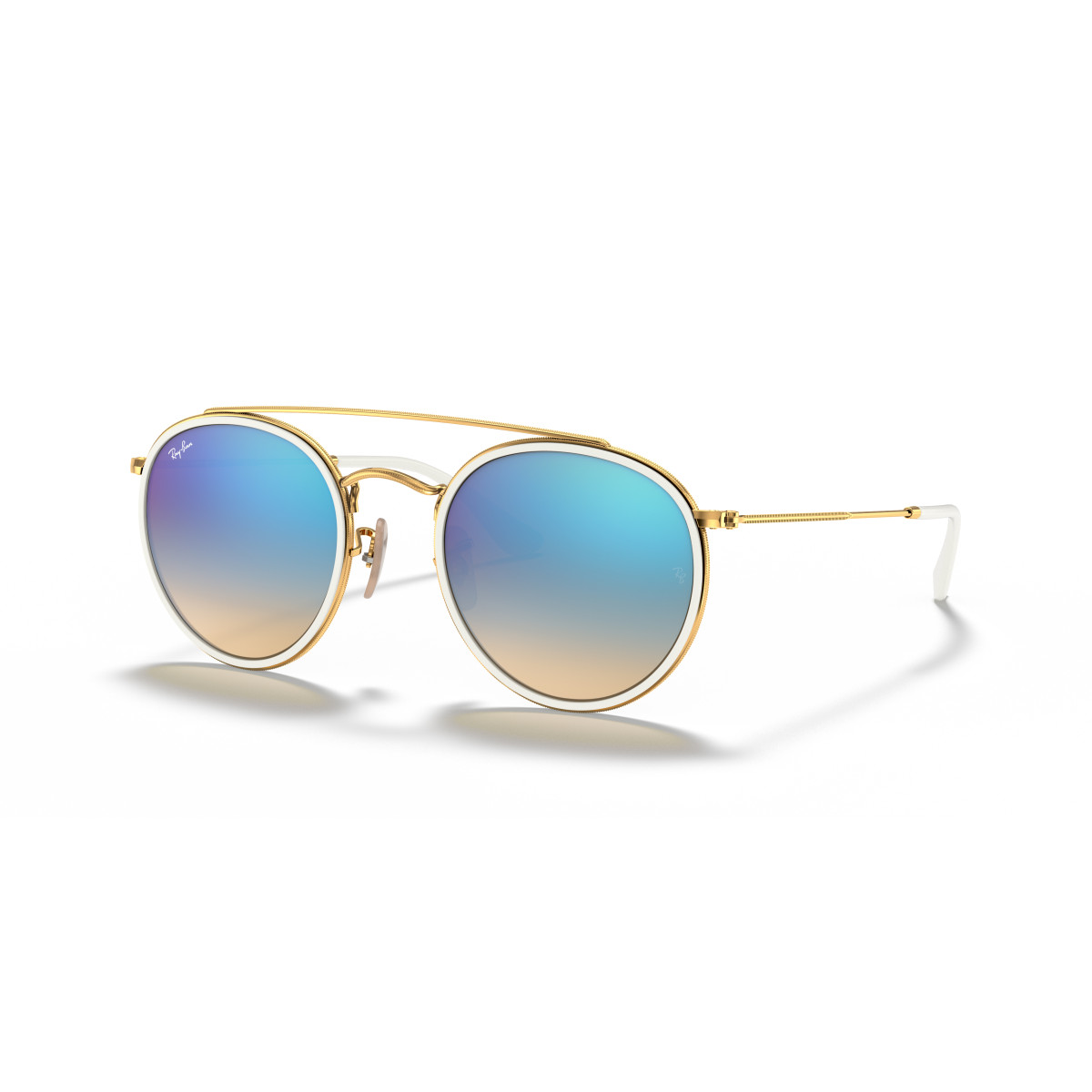 Ray-Ban Round Double Bridge akiniai | Polished Arista Gold - Blue Flash