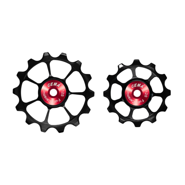 Cema Shimano 105, Ultegra, DEORE, SLX, XT, XTR Pulley Wheels | Ceramic | 12-speed | Black-Red