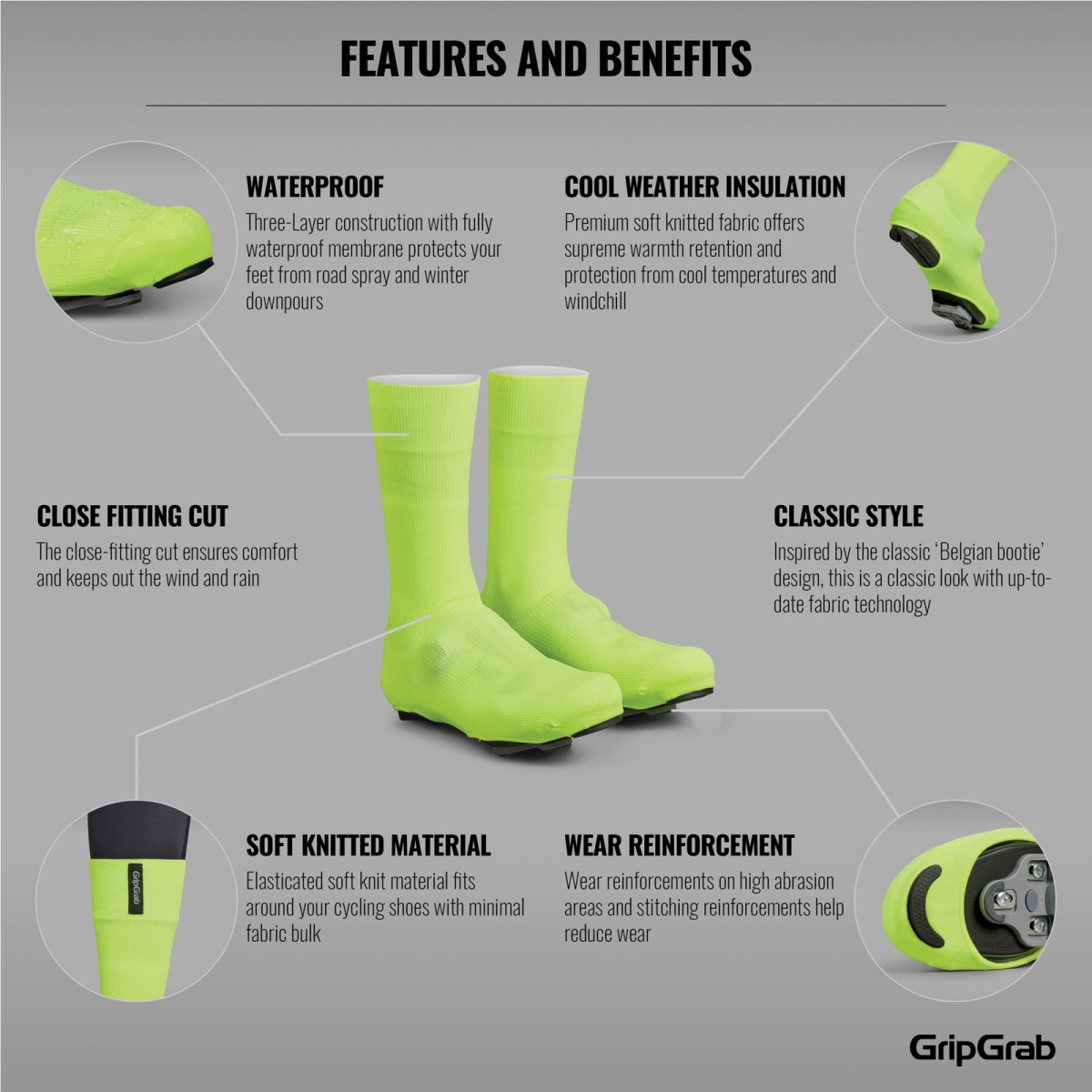 GripGrab Flandrien Waterproof Knitted Road antbačiai | Yellow Hi-Vis GripGrab Flandrien Waterproof Knitted Road antbačiai | Yellow Hi-Vis