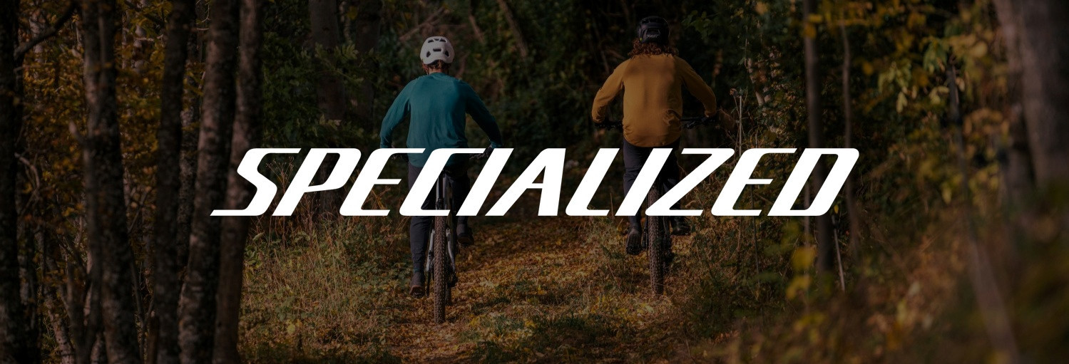 Two men riding mountain bikes in the forest
