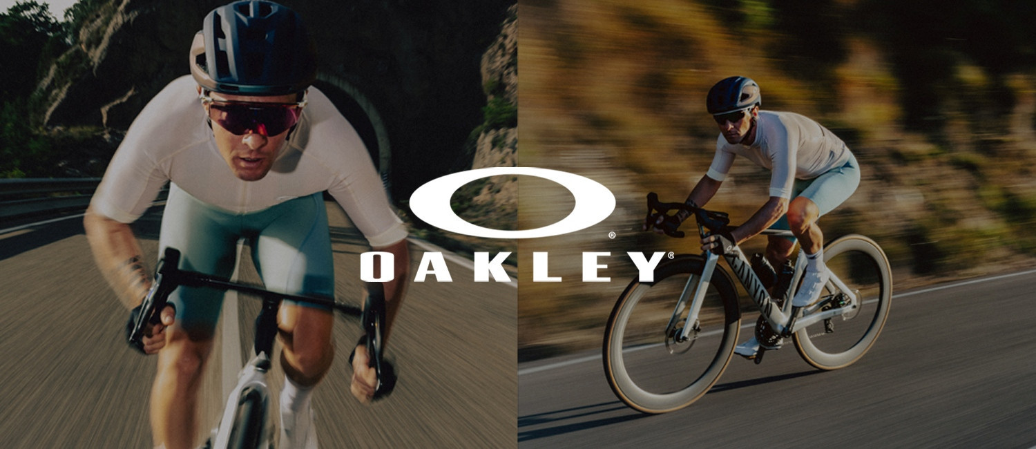 Oakley banner with two photos of man riding the bike