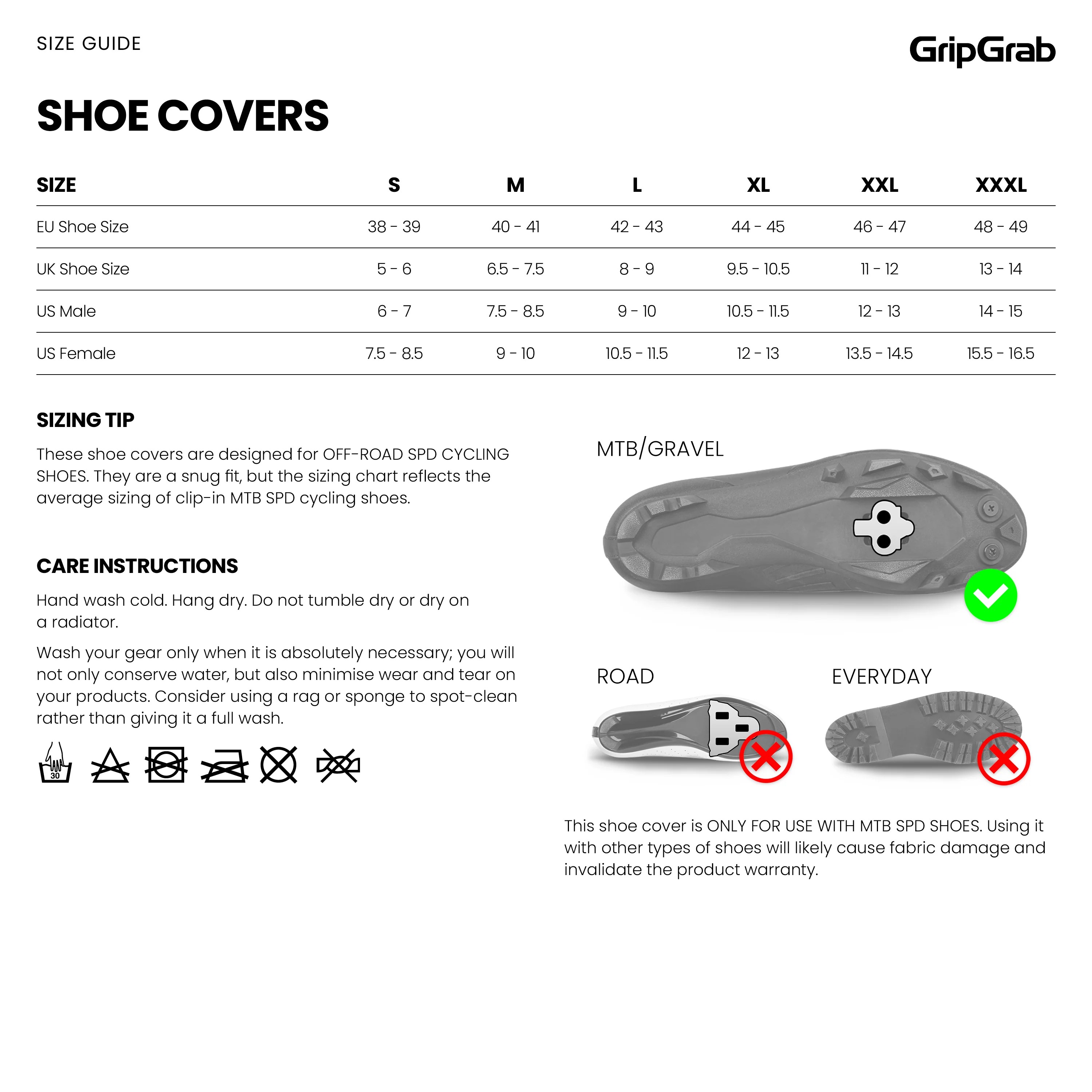 GripGrab PACR Waterproof Gravel shoe covers size chart