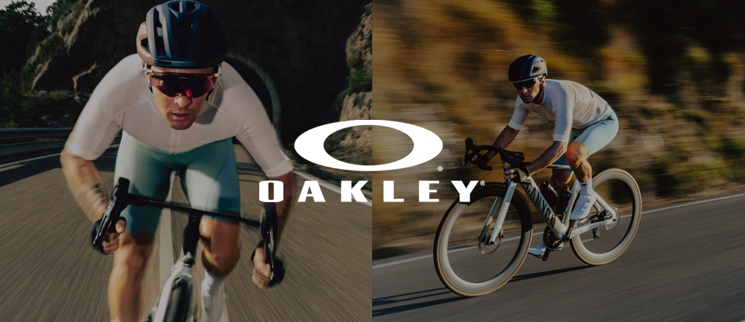 Oakley banner with two photos of man riding the bike