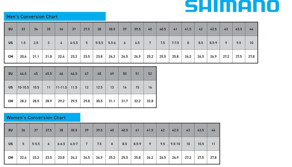Shimano batų dydžių lentelė
