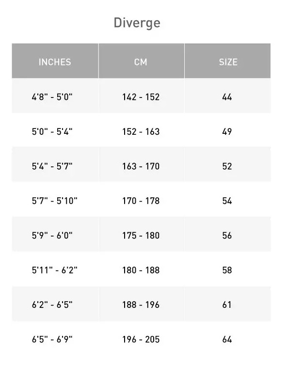 Specialized Diverge 4 size chart